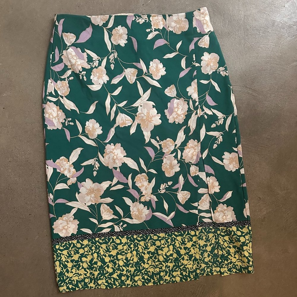re:named Green Floral Pencil Skirt with Front Slit